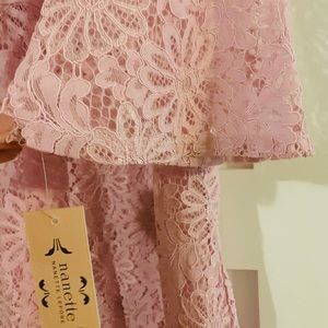 lilac lace shift dress with ruffle sleeves